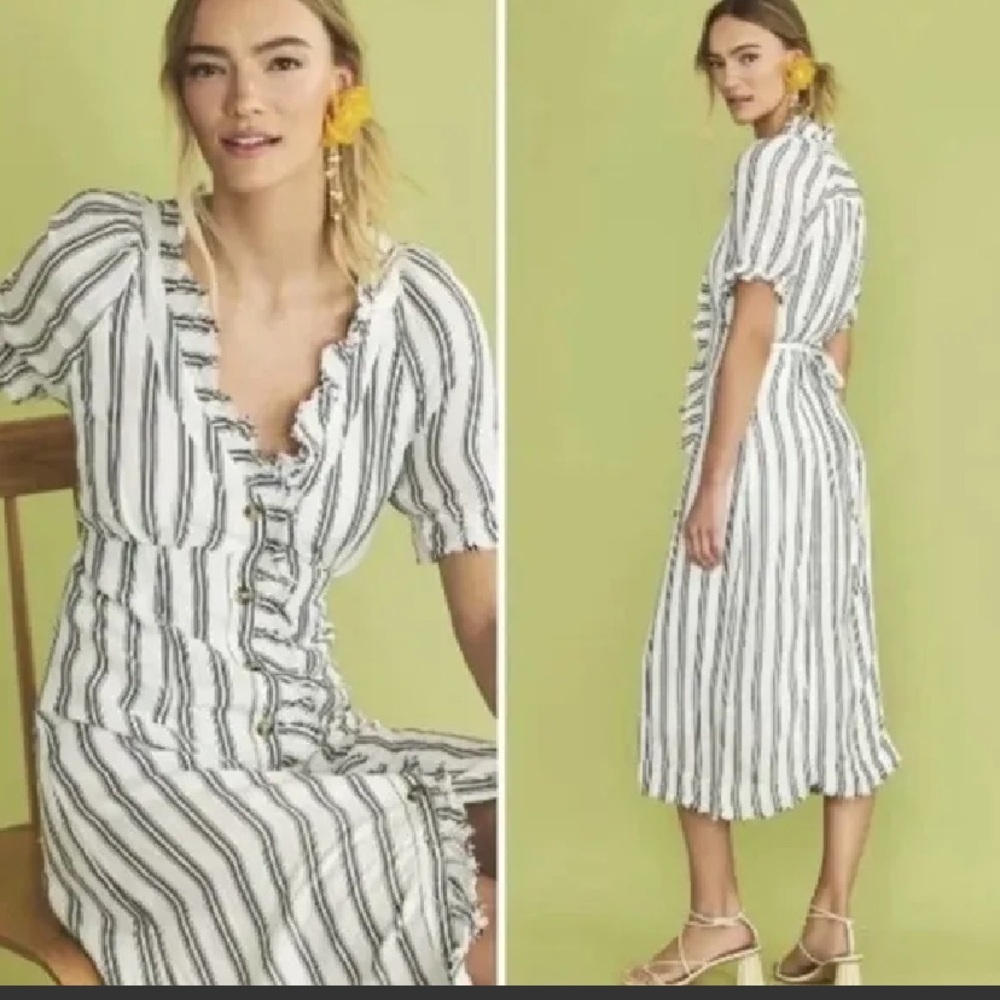 Anthropologie White and Black Striped Midi Dress